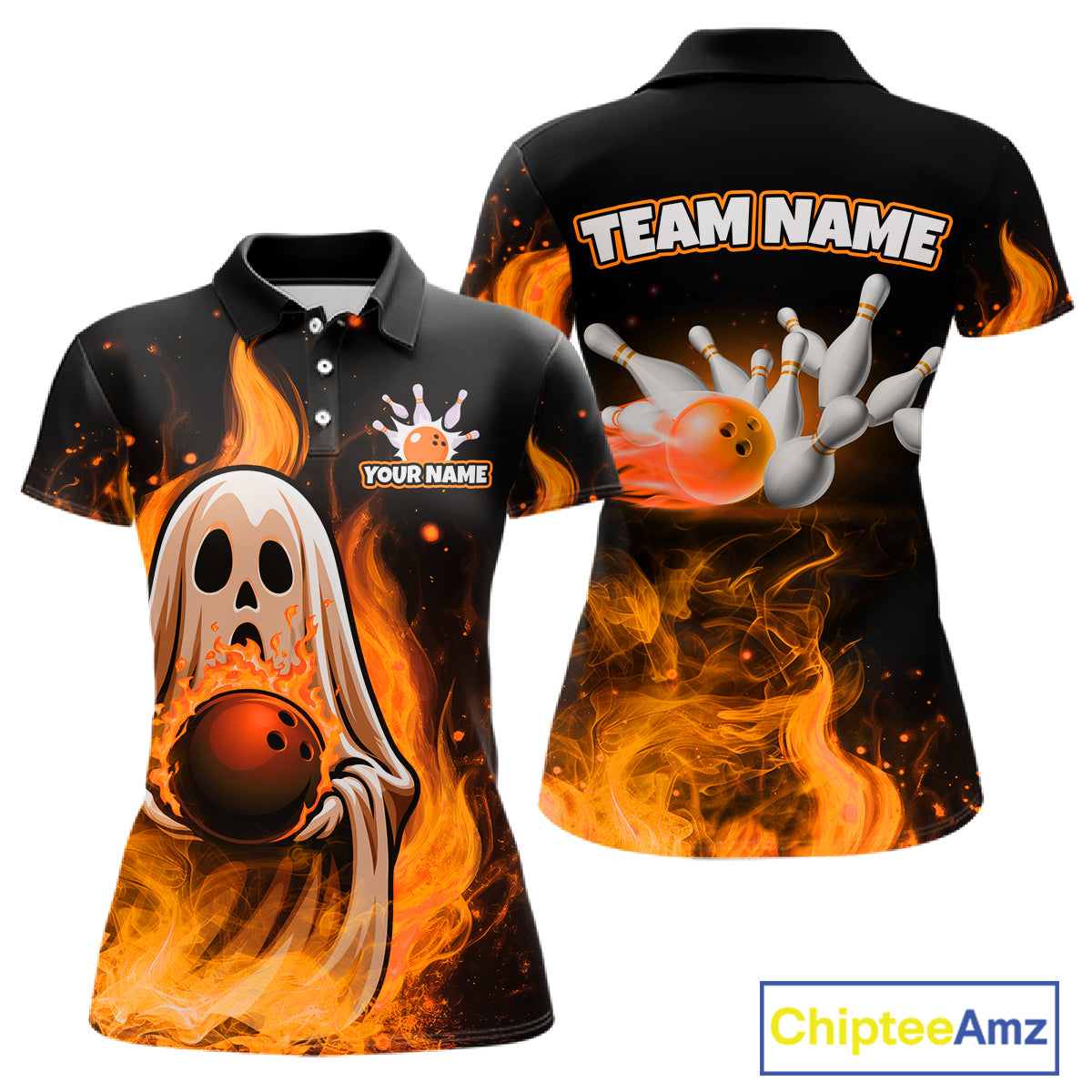 Custom Orange Funny Ghost Halloween Bowling Jersey for Women Polo & 1/4 Zip Bowling Team Shirts HNT468