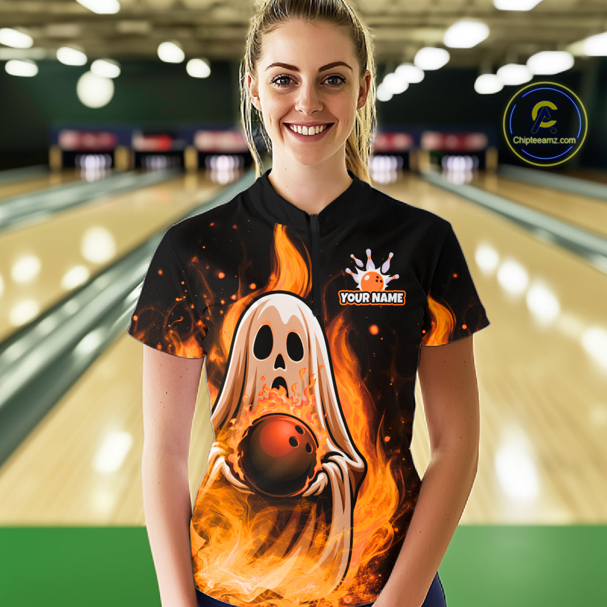 Custom Orange Funny Ghost Halloween Bowling Jersey for Women Polo & 1/4 Zip Bowling Team Shirts HNT468