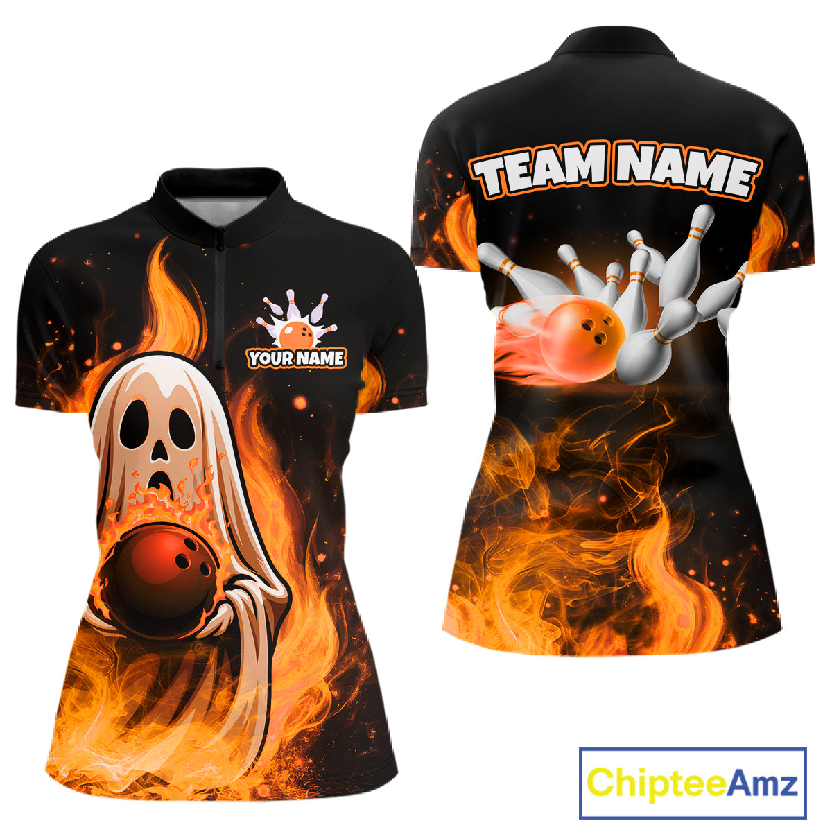 Custom Orange Funny Ghost Halloween Bowling Jersey for Women Polo & 1/4 Zip Bowling Team Shirts HNT468
