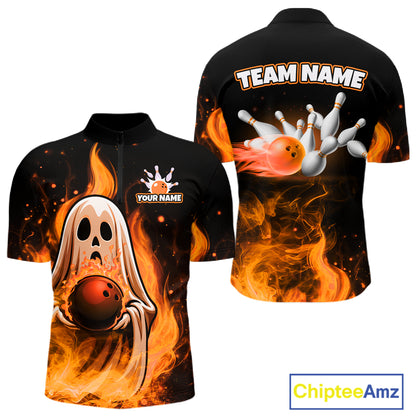 Custom Orange Funny Ghost Halloween Bowling Jersey for Men Polo & 1/4 Zip Bowling Team Shirts HNT468