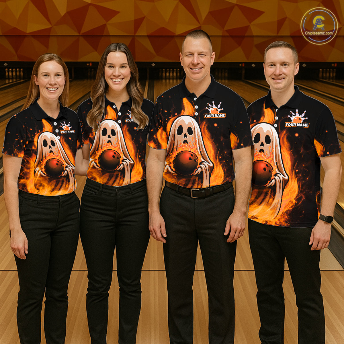 Custom Orange Funny Ghost Halloween Bowling Jersey for Men Polo & 1/4 Zip Bowling Team Shirts HNT468