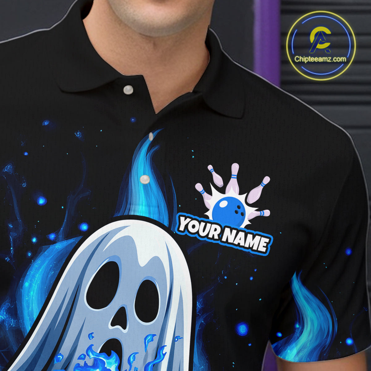 Custom Blue Flame Ghost Bowling Team Shirts, Bowling Shirts For Men Bowling Jersey HNT466