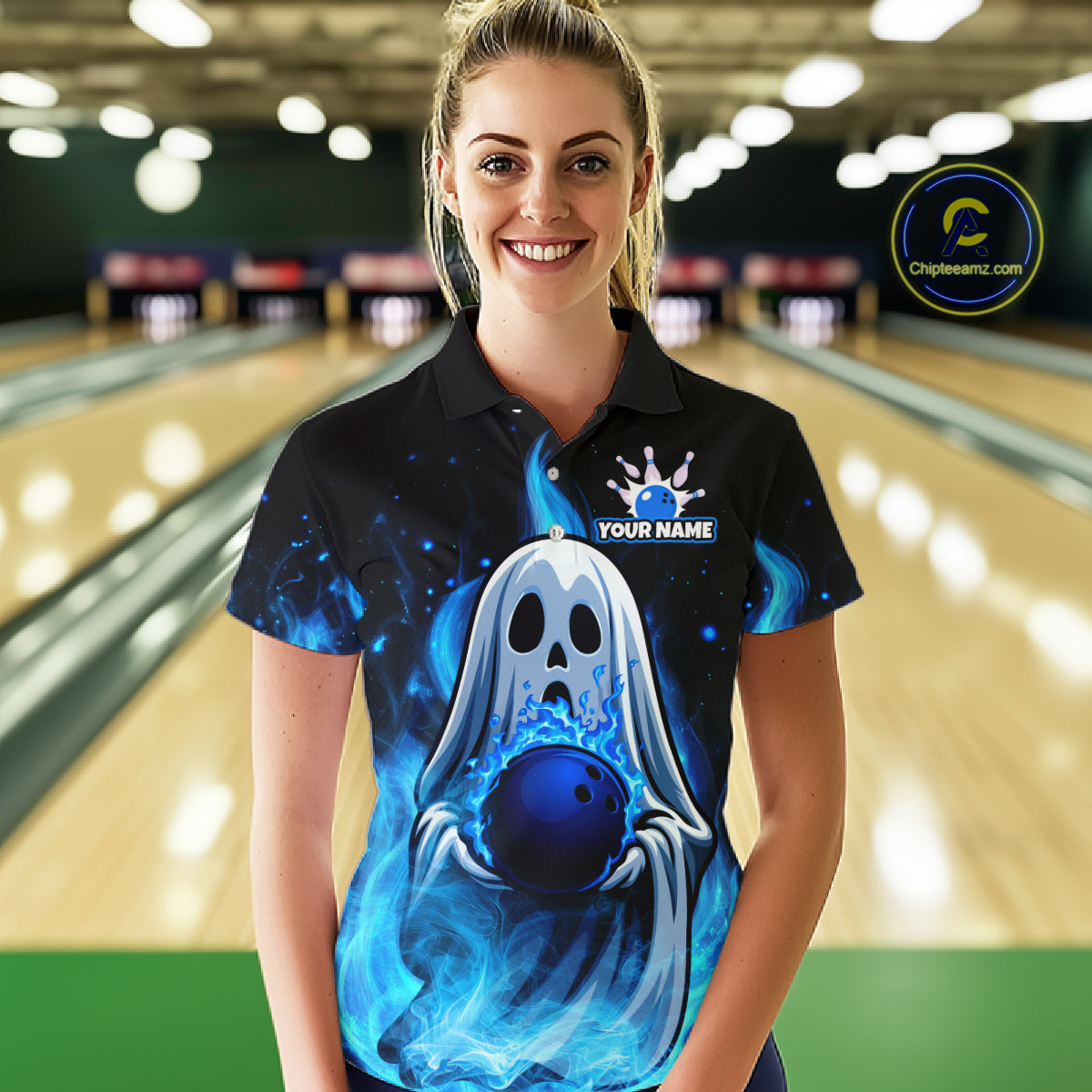 Custom Blue Flame Ghost Bowling Team Shirts, Bowling Shirts For Women Bowling Jersey HNT466