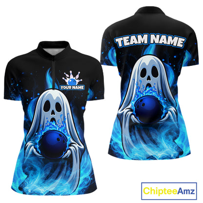 Custom Blue Flame Ghost Bowling Team Shirts, Bowling Shirts For Women Bowling Jersey HNT466