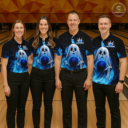 Custom Blue Flame Ghost Bowling Team Shirts, Bowling Shirts For Women Bowling Jersey HNT466