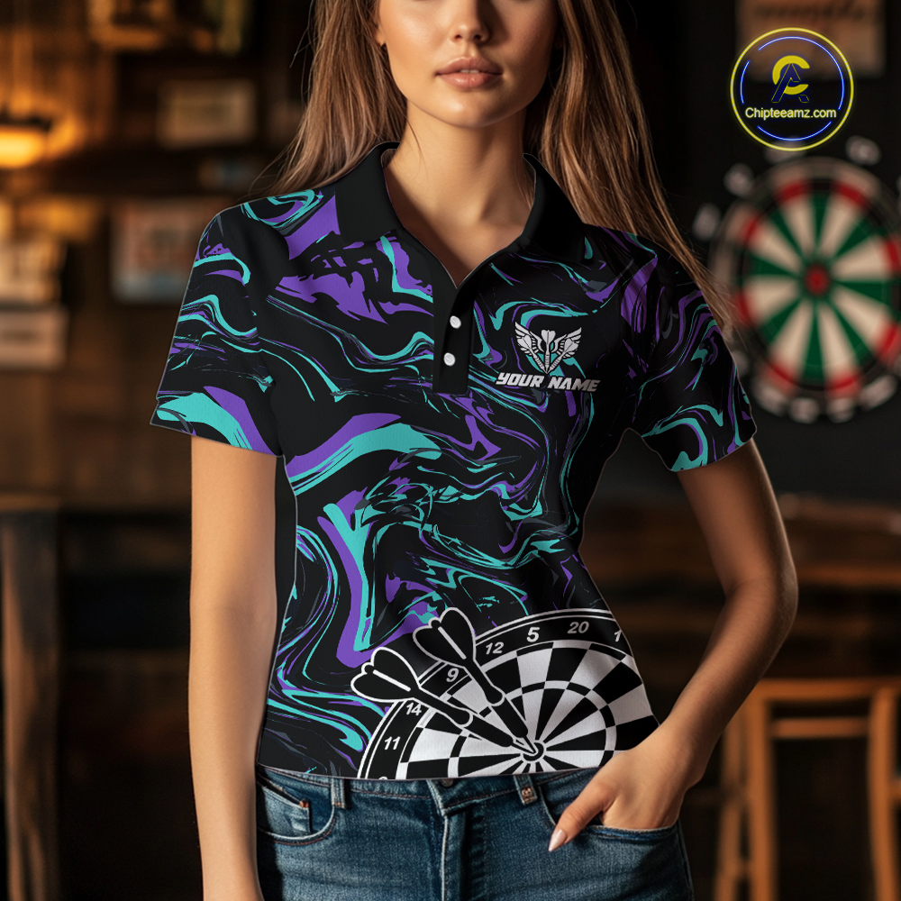 Turquoise-Purple Pattern Aim Shoot Swear Repeat Darts Team Jerseys Dart Shirts For Women NNT168