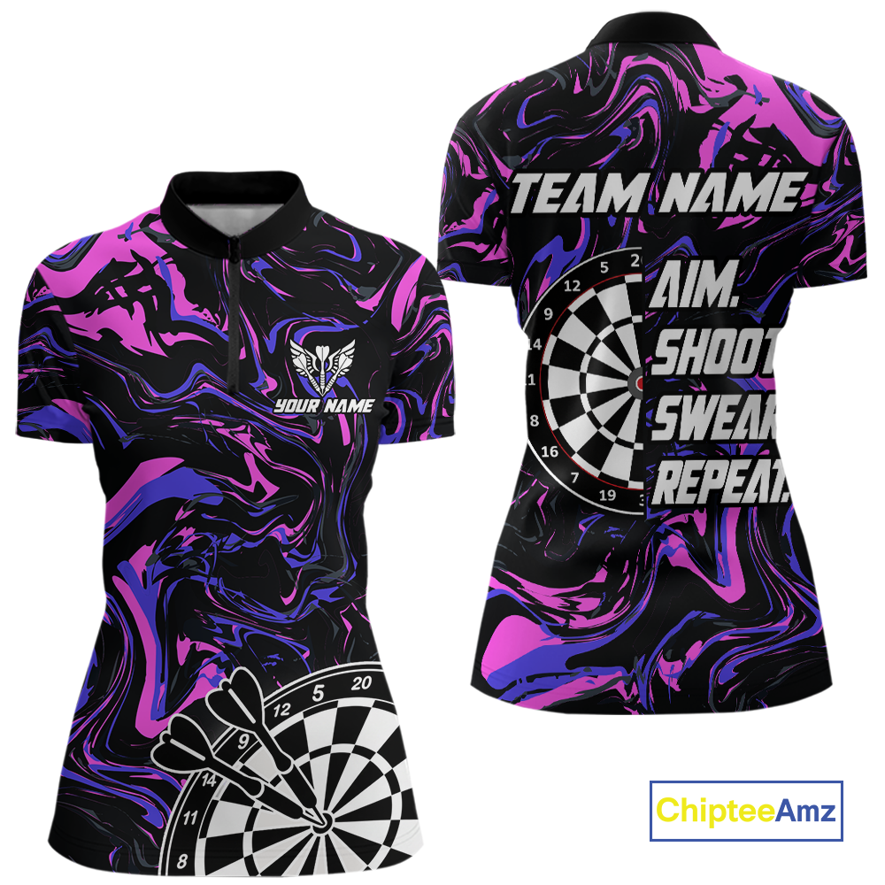 Pink-Purple Pattern Aim Shoot Swear Repeat Darts Team Jerseys Dart Shirts For Women NNT168