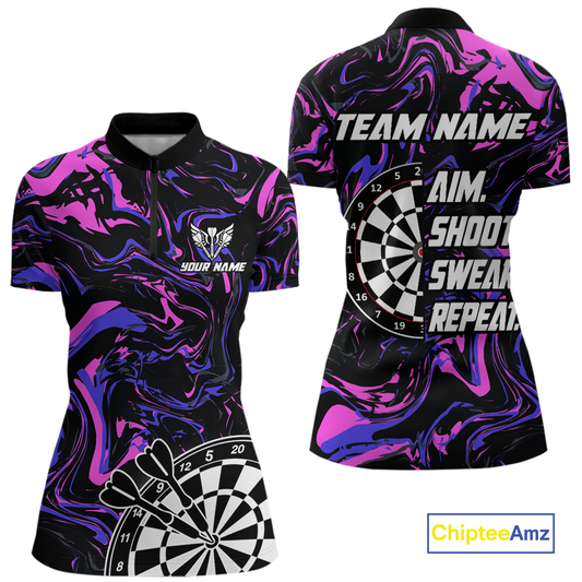 Pink-Purple Pattern Aim Shoot Swear Repeat Darts Team Jerseys Dart Shirts For Women NNT168