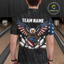 Load image into Gallery viewer, Man wearing a black patriotic bowling polo shirt featuring distressed American flag graphics, custom team and player name text, and a bald eagle with spread wings above a flag-themed bowling ball and pins.