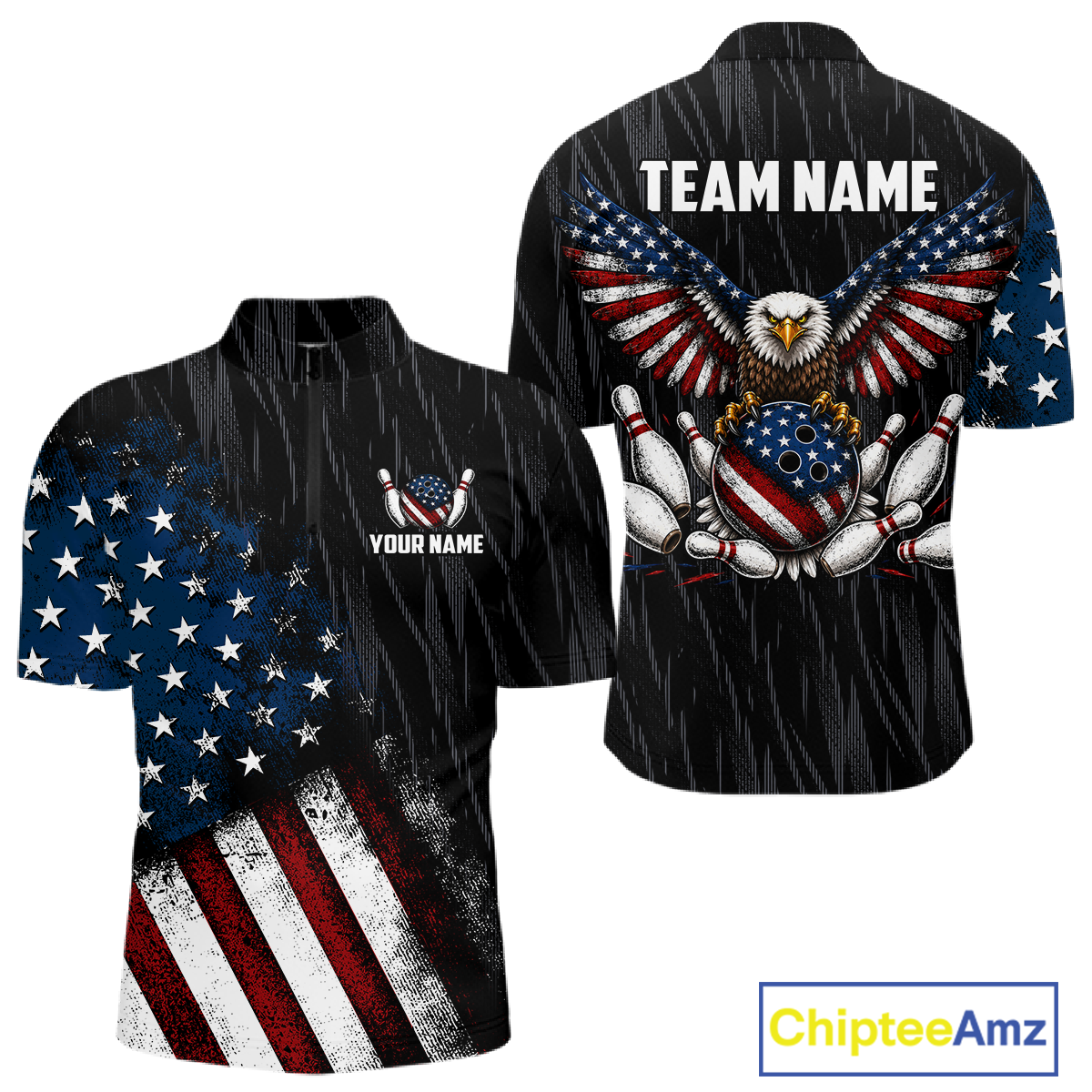 Front and back views of a black patriotic bowling quarter zip shirt featuring distressed American flag graphics, custom team and player name text, and a bald eagle with spread wings above a flag-themed bowling ball and pins.