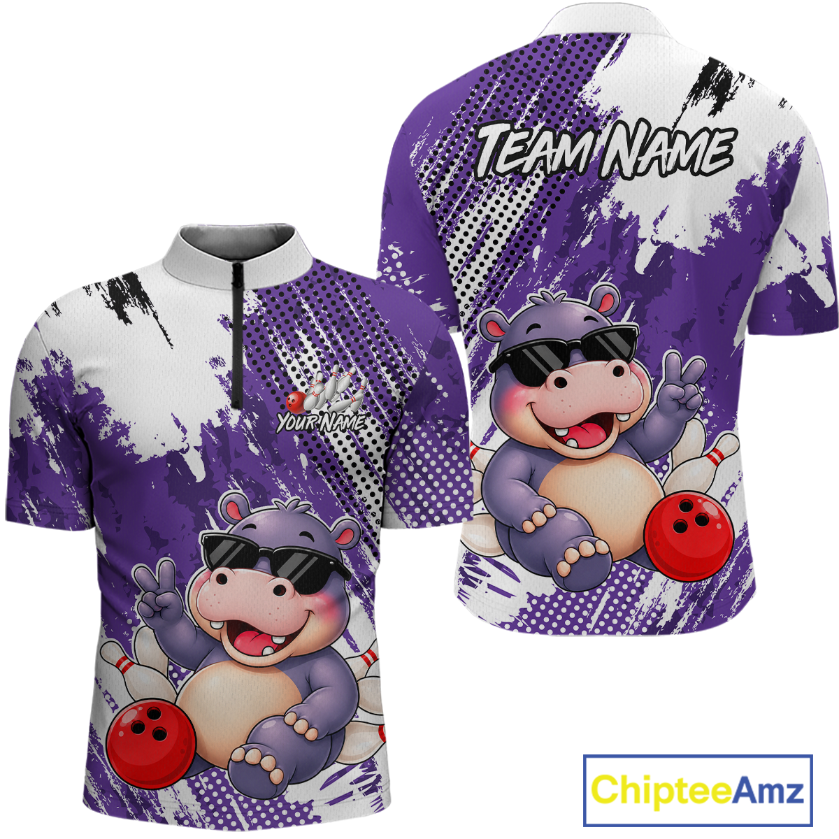 Front and back views of a white and purple bowling quarter zip with paint-splatter patterns, featuring a smiling hippo in sunglasses, bowling pins, and a red bowling ball.