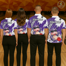 Load image into Gallery viewer, Four people wearing smiling hippo in sunglasses, bowling pins, and a red bowling ball and custom team name text.