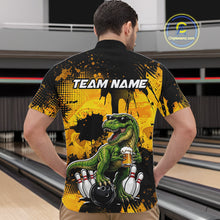Load image into Gallery viewer, Man wearing a black bowling quarter zip featuring a green T-Rex wearing sunglasses, holding a beer mug, standing with bowling pins and a bowling ball, plus personalized name and team name text.