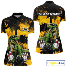 Load image into Gallery viewer, Front and back bowling quarter zip shirt featuring a dinosaur holding beer with bowling pins and ball artwork on black yellow background.
