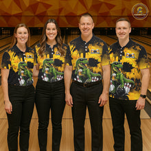 Load image into Gallery viewer, Four people wearing bowling polo shirt featuring a dinosaur holding beer with bowling pins and ball artwork on black yellow background.