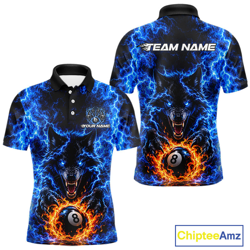 Custom Blue Flame Wolf 8 Ball Billiard Shirts for Men Billiard Team Jerseys Billiard League NNT277
