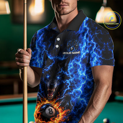 Custom Blue Flame Wolf 8 Ball Billiard Shirts for Men Billiard Team Jerseys Billiard League NNT277