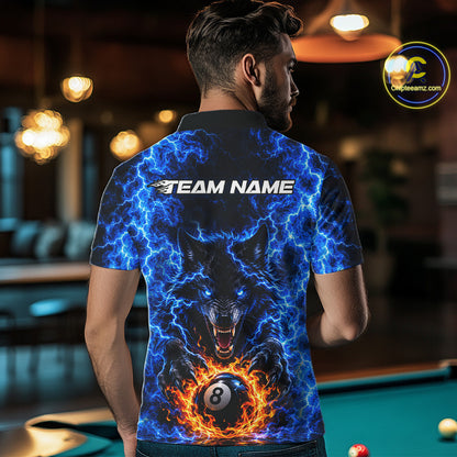 Custom Blue Flame Wolf 8 Ball Billiard Shirts for Men Billiard Team Jerseys Billiard League NNT277