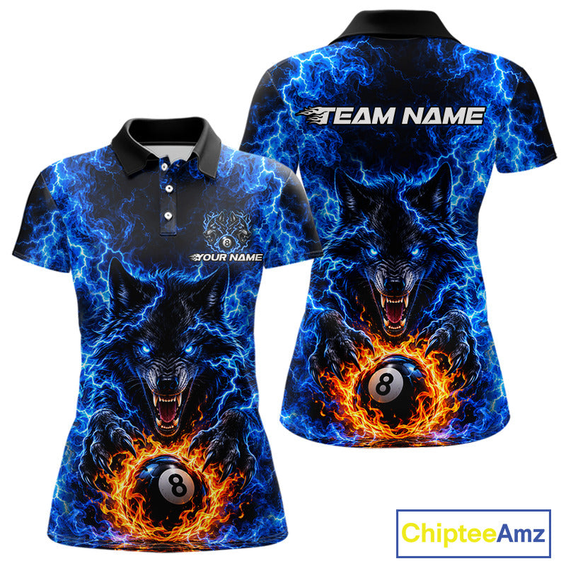 Custom Blue Flame Wolf 8 Ball Billiard Shirts for Women Billiard Team Jerseys Billiard League NNT277
