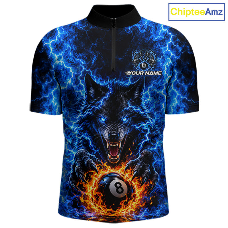 Custom Blue Flame Wolf 8 Ball Billiard Shirts for Men Billiard Team Jerseys Billiard League NNT277