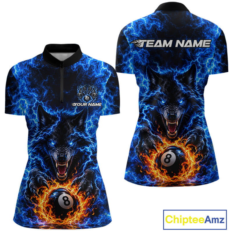 Custom Blue Flame Wolf 8 Ball Billiard Shirts for Women Billiard Team Jerseys Billiard League NNT277