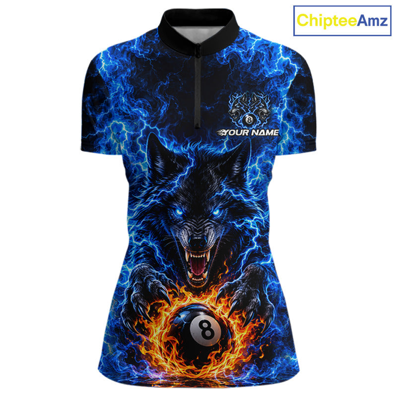 Custom Blue Flame Wolf 8 Ball Billiard Shirts for Women Billiard Team Jerseys Billiard League NNT277