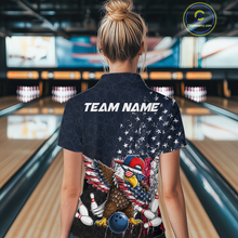 Load image into Gallery viewer, Woman wearing a dark patriotic bowling quarter zip with distressed stars-and-stripes graphics, a eagle , bowling pins, and custom team name text.