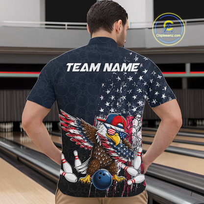 Man wearing a dark patriotic bowling quarter zip with distressed stars-and-stripes graphics, a eagle , bowling pins, and custom team name text.