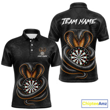 Load image into Gallery viewer, Front and back darts polo shirt featuring a cobra wrapped around a dartboard with detailed cobra snake on a black background.