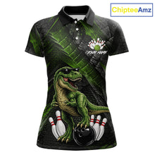 Load image into Gallery viewer, Front bowling polo shirt featuring a dinosaur standing among bowling pins and ball artwork on black green textured background.
