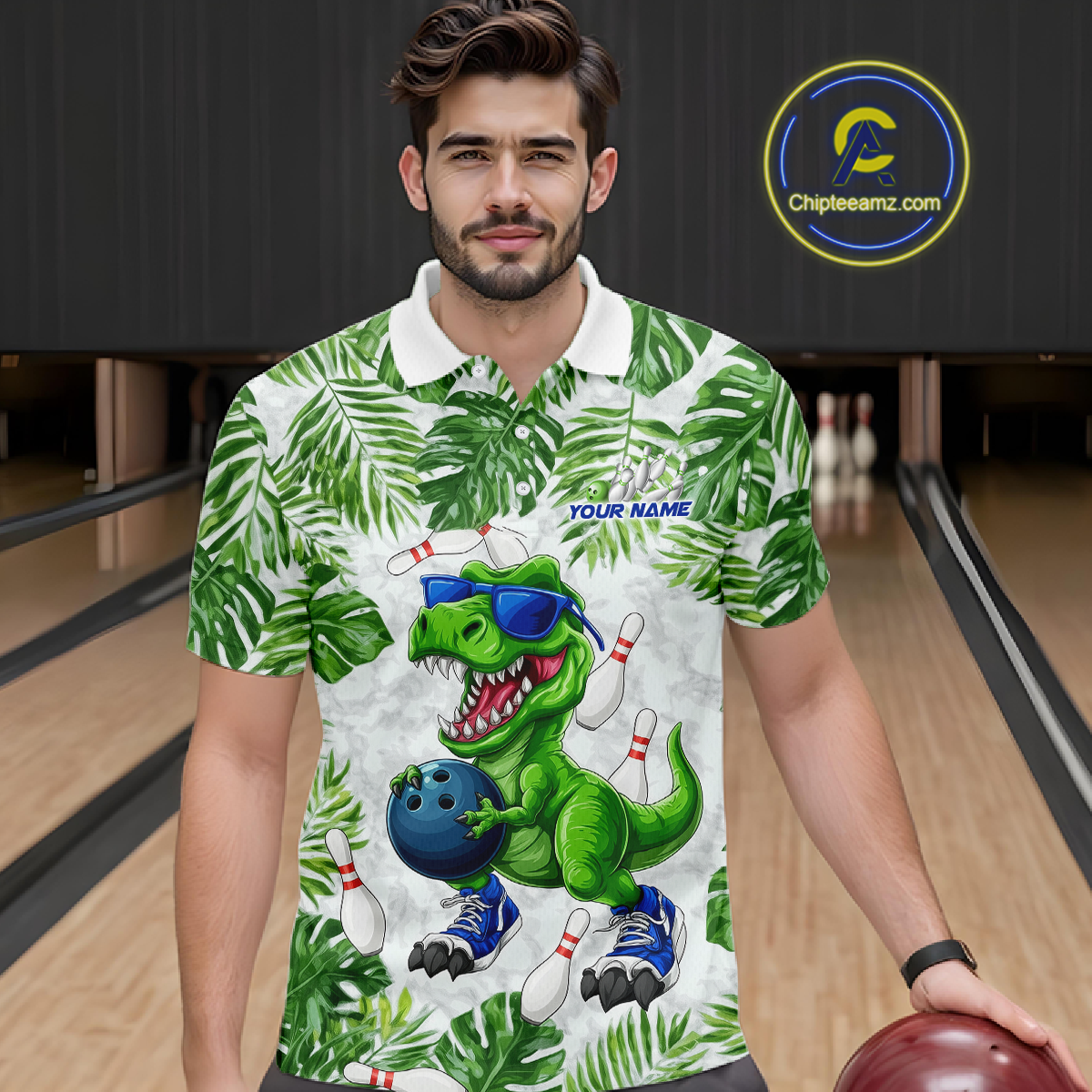 Custom Funny Dinosaur Bowling Jersey for Men Bowling Tournament Polo & 1/4 Zip Bowling Team Shirts HNT214