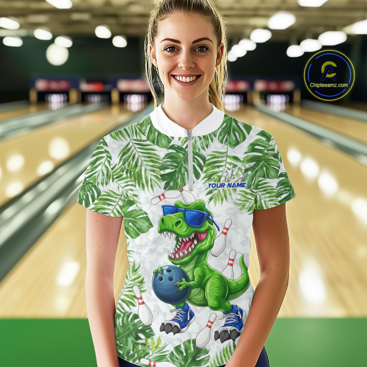 Custom Funny Dinosaur Bowling Jersey for Women Bowling Tournament Polo & 1/4 Zip Bowling Team Shirts HNT214