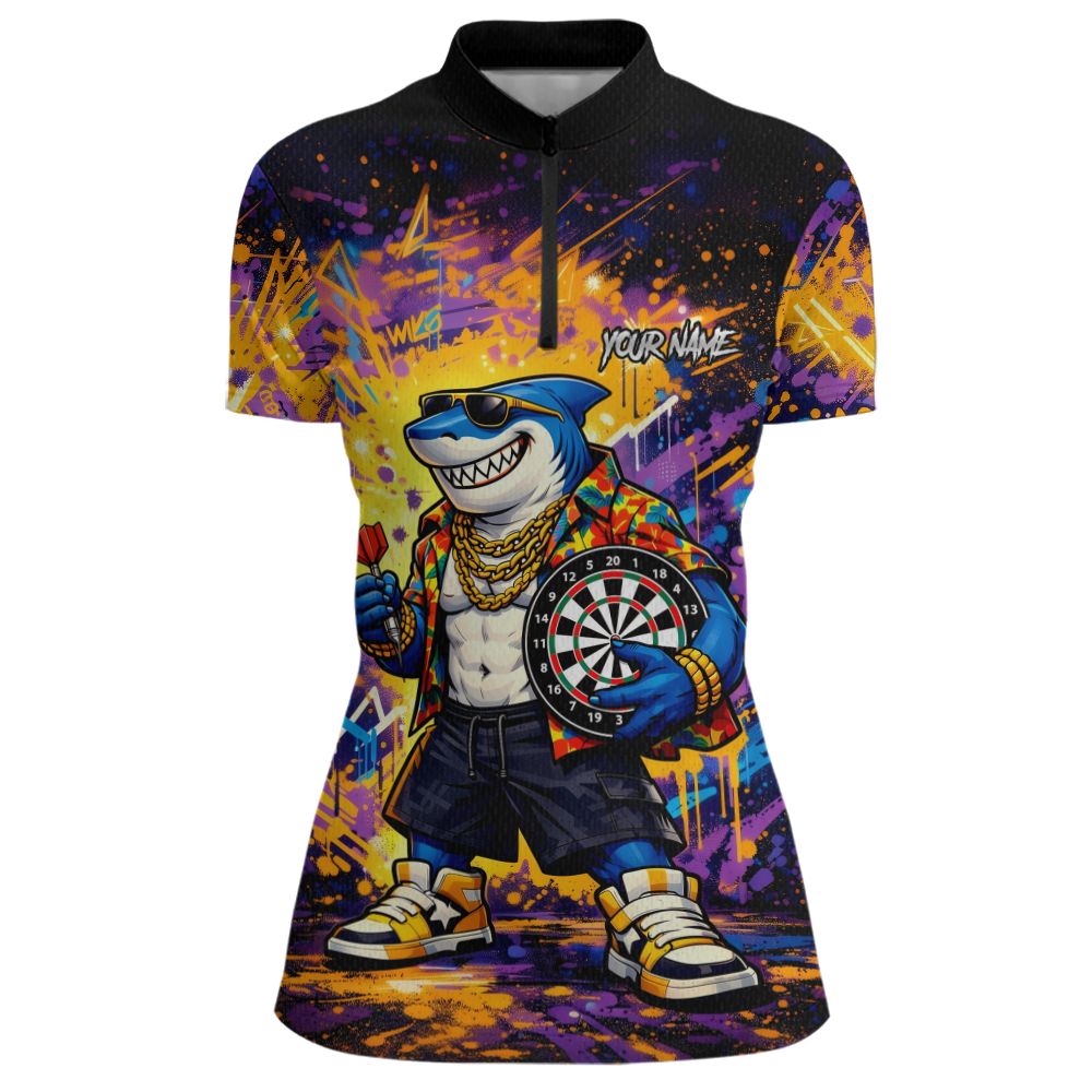 Custom Funny Shark Dart Shirts for Women Darts Team Jerseys Dart Tournament Polo & 1/4 Zip NNT136