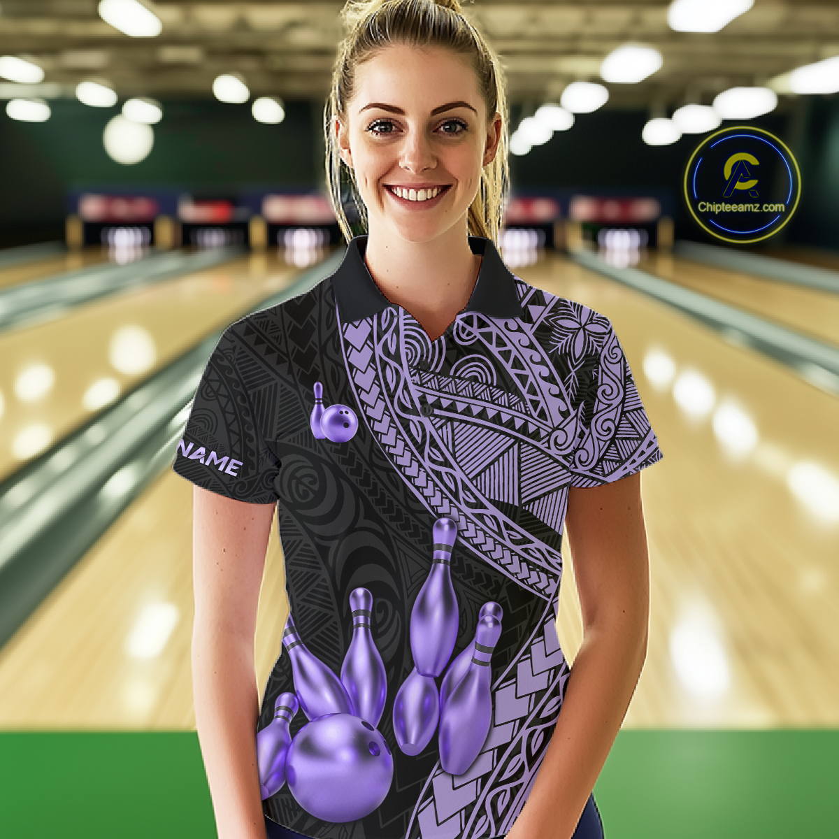 Black and Purple Tribal Pattern Bowling Jersey for Women Bowling Uniform Bowling Team Shirts HNT225