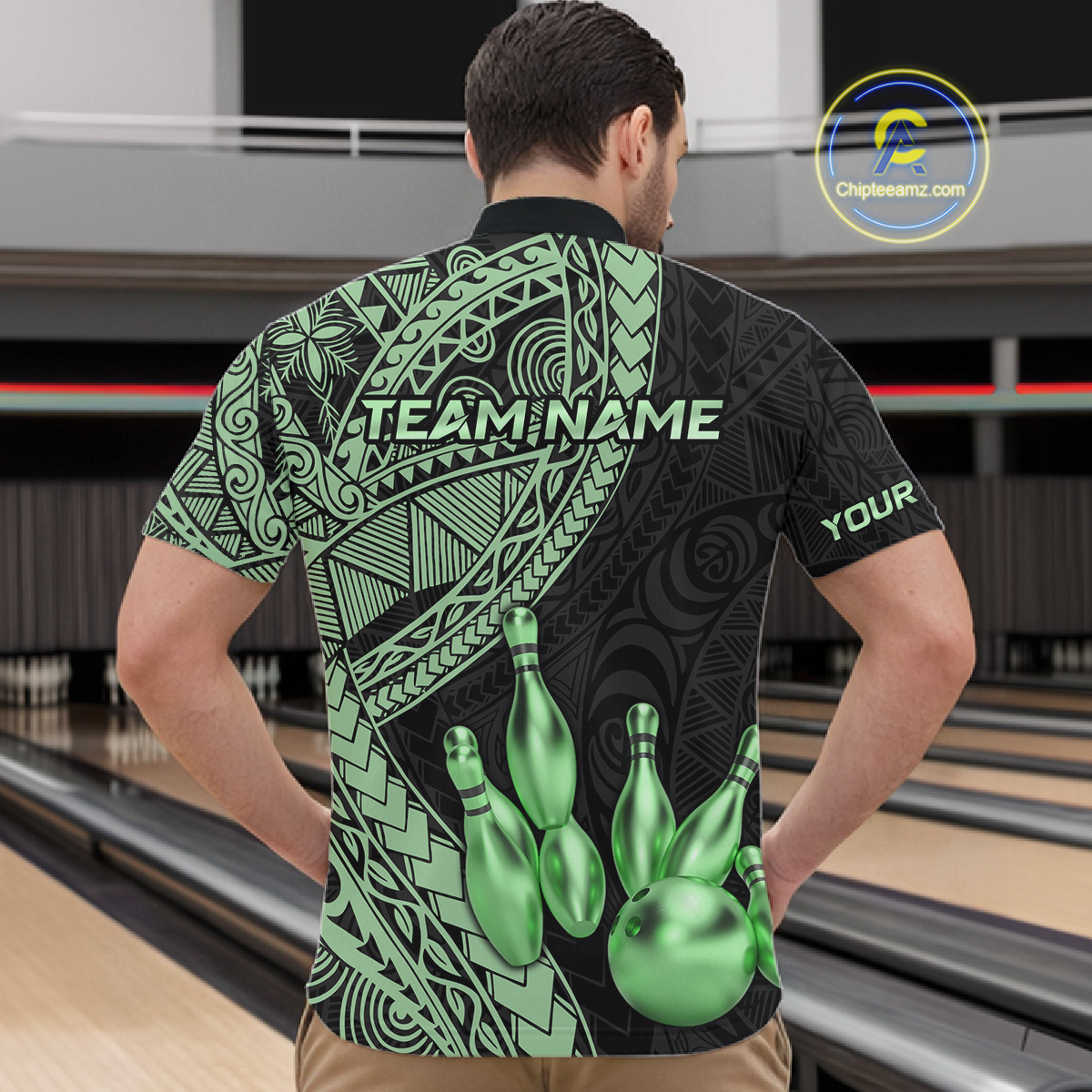 Black and Green Tribal Pattern Bowling Jersey for Men Bowling Uniform Bowling Team Shirts HNT225