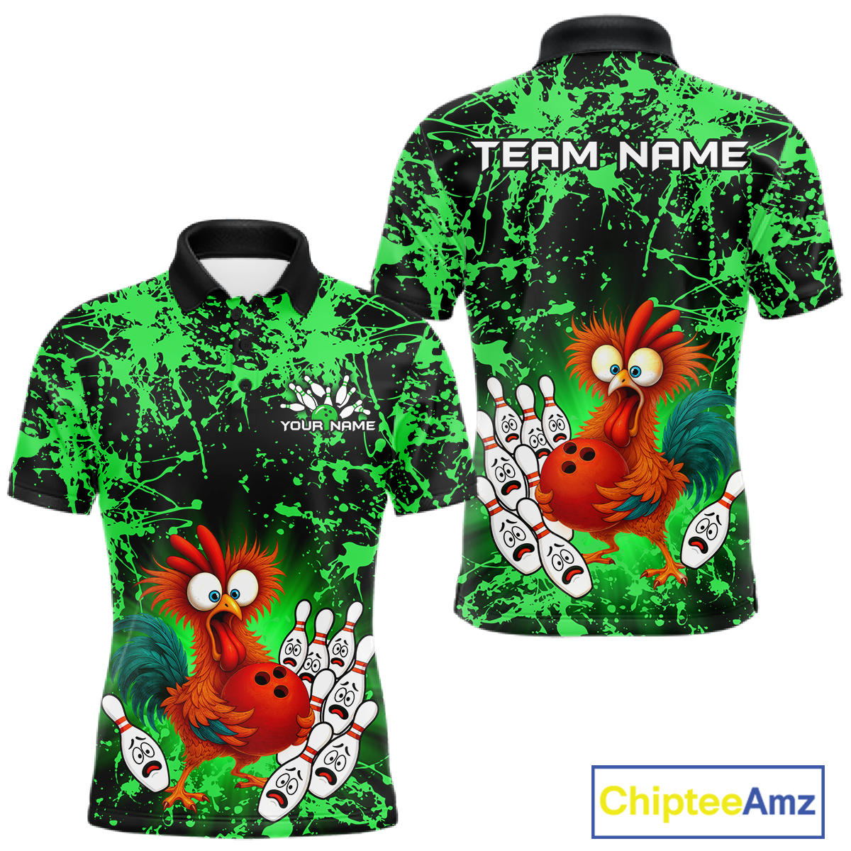Green Funny Chicken Bowling Jersey for Men Bowling League Bowling Team Shirts Polo & 1/4 Zip HN232