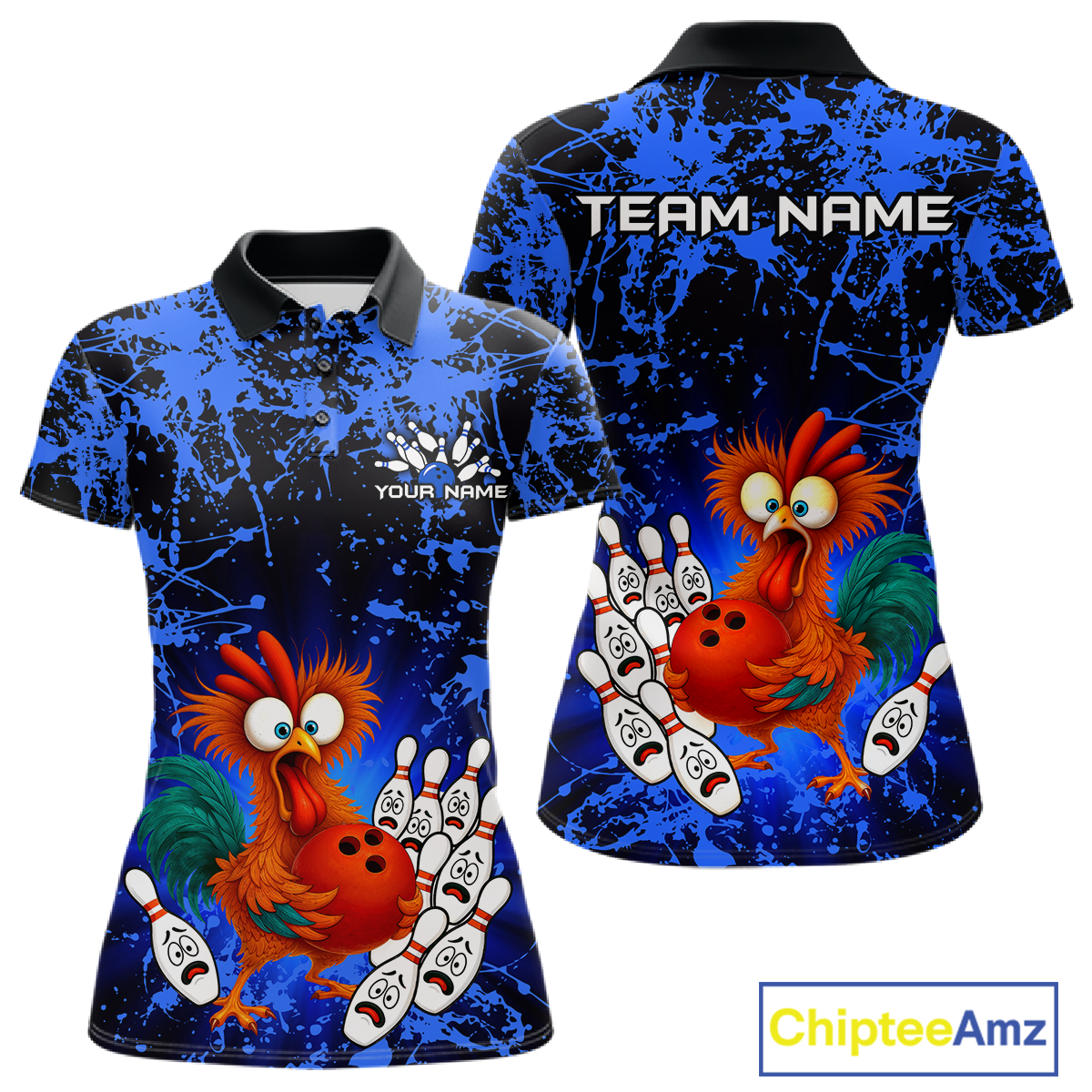 Blue Funny Chicken Bowling Jersey for Women Bowling League Bowling Team Shirts Polo & 1/4 Zip HN232