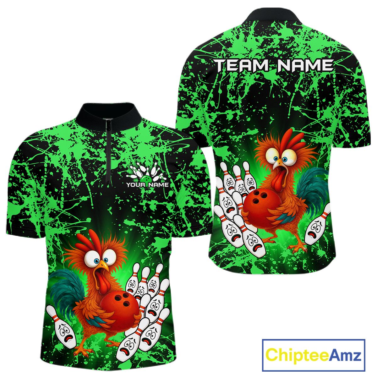 Green Funny Chicken Bowling Jersey for Men Bowling League Bowling Team Shirts Polo & 1/4 Zip HN232