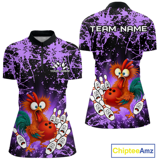 Purple Funny Chicken Bowling Jersey for Women Bowling League Bowling Team Shirts Polo & 1/4 Zip HN232