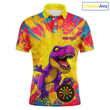 Load image into Gallery viewer, Front darts polo shirt featuring a purple dinosaur holding a dartboard within a bright colorful paint splatter background.