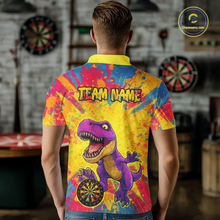 Load image into Gallery viewer, Man wearing darts polo shirt featuring a purple dinosaur holding a dartboard within a bright colorful paint splatter background.