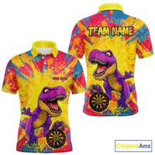Load image into Gallery viewer, Front and back darts polo shirt featuring a purple dinosaur holding a dartboard within a bright colorful paint splatter background.