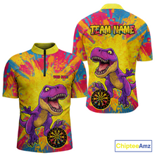 Load image into Gallery viewer, Front and back darts quarter zip shirt featuring a purple dinosaur holding a dartboard within a bright colorful paint splatter background.