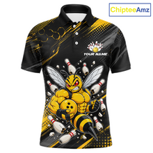 Load image into Gallery viewer, Front bowling polo shirt featuring a muscular bee holding a bowling ball surrounded by pins on black yellow background.