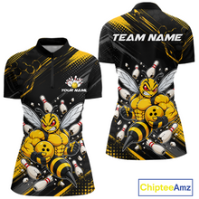 Load image into Gallery viewer, Front and back bowling quarter zip shirt featuring a muscular bee holding a bowling ball surrounded by pins on black yellow background.