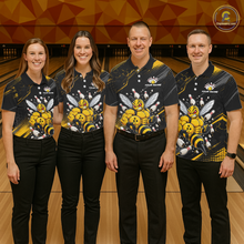 Load image into Gallery viewer, Four people wearing bowling polo shirt featuring a muscular bee holding a bowling ball surrounded by pins on black yellow background.