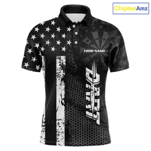 Load image into Gallery viewer, Front darts polo shirt featuring dartboard patterns layered with american flag graphics and geometric details on a black background.