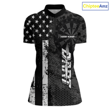 Load image into Gallery viewer, Front darts quarter zip shirt featuring dartboard patterns layered with american flag graphics and geometric details on a black background.
