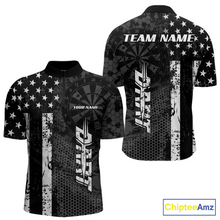 Load image into Gallery viewer, Front and back darts quarter zip shirt featuring dartboard patterns layered with american flag graphics and geometric details on a black background.