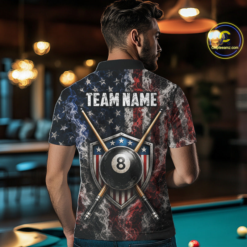 Custom Grunge Smoke US Flag 8 Ball Billiard Shirts for Men Billiard Team Jerseys Billiard League NNT276